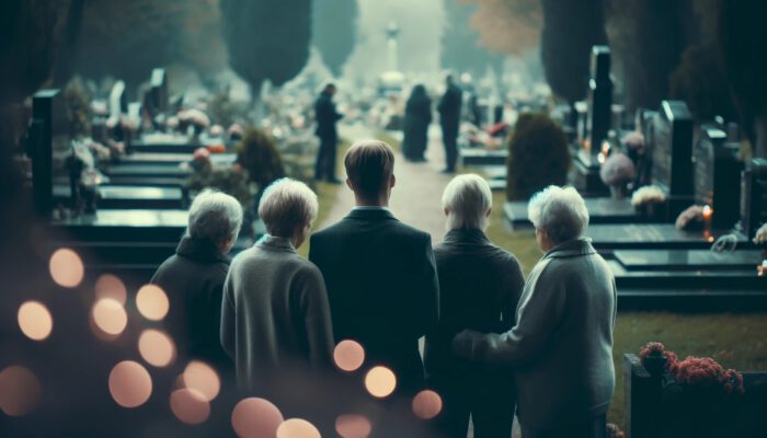 A soft-focus, bokeh-style photograph of a family at a cemetery in a Central European setting, capturing the somber mood of a post-funeral gathering.